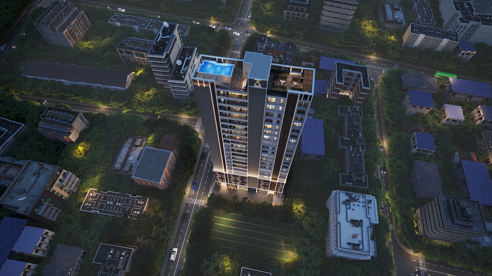 Aakasa Shivaji Park · the tower at dusk above the maidan, with the rooftop pool lit