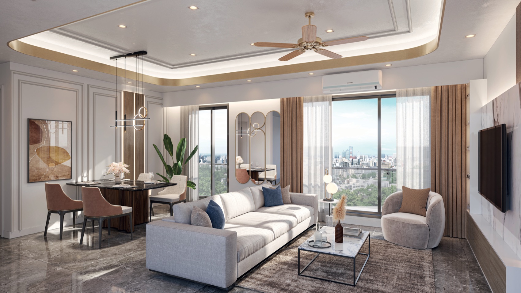Living and dining room with city view