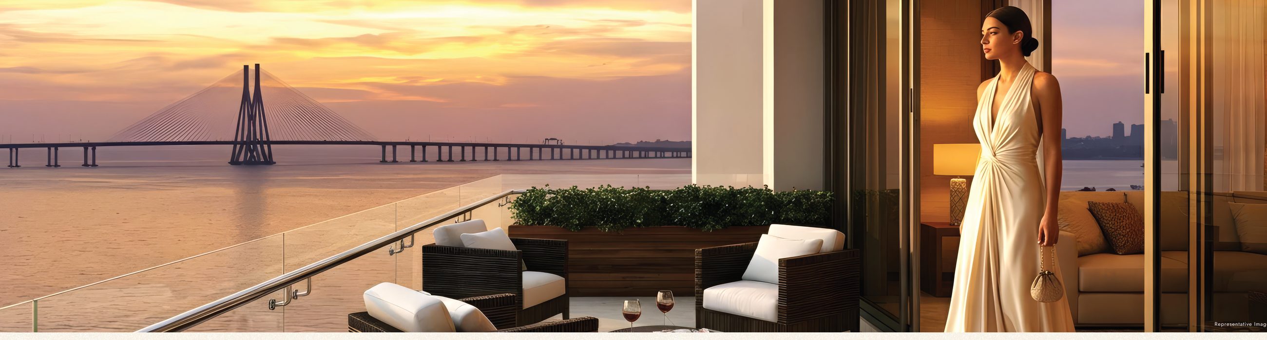 Aakasa Worli · sky deck with sea view over the Bandra-Worli Sea Link at dusk