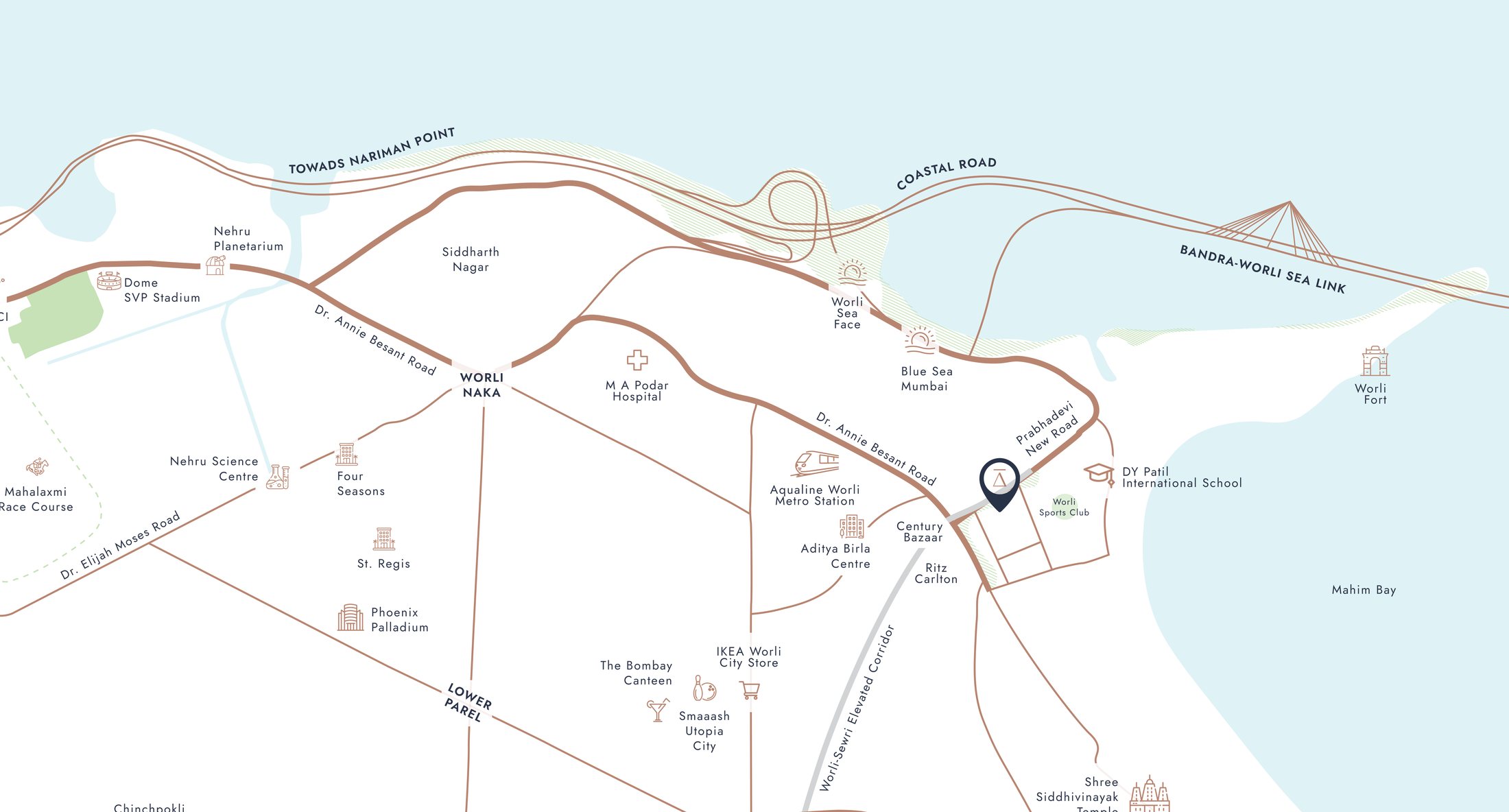 Location map · Aakasa Worli at 41, Off Annie Besant Road, with the Bandra-Worli Sea Link and Coastal Road