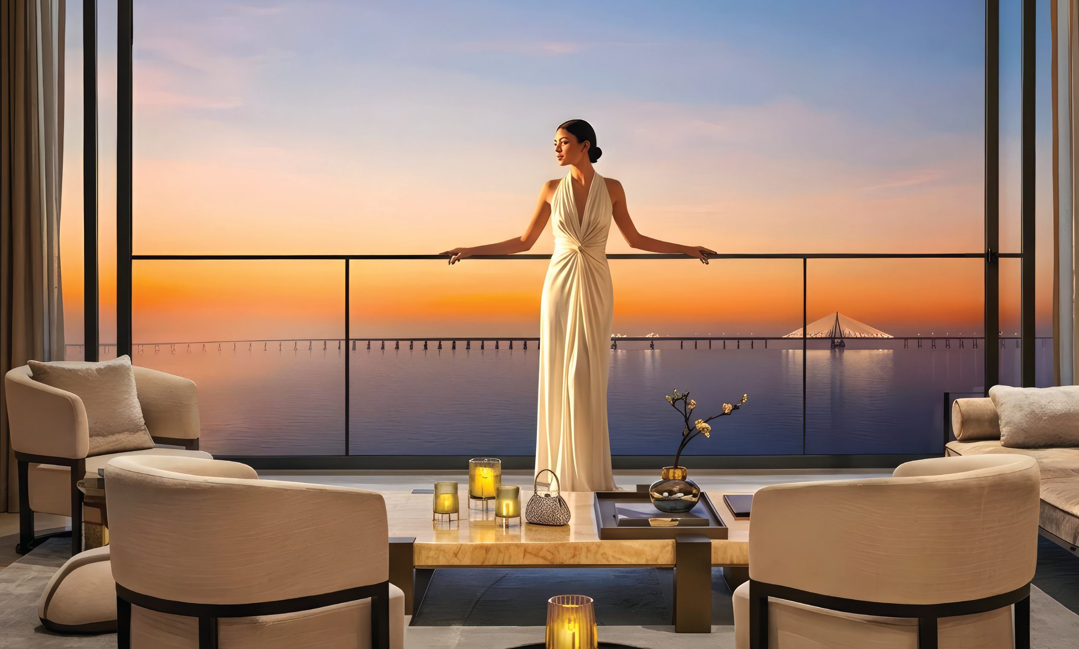 Sea-view lounge opening to the Sea Link at sunset
