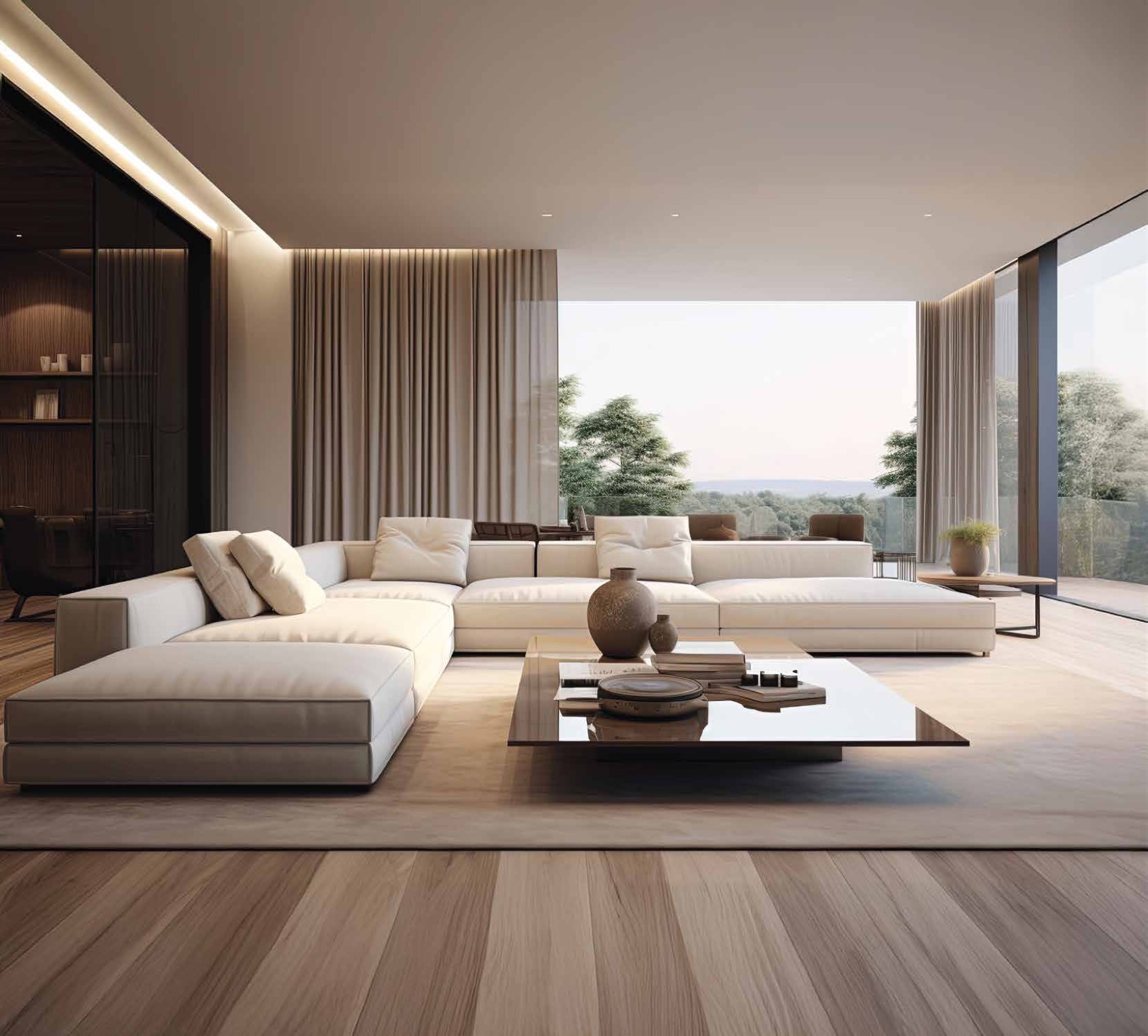 Sprawling living room opening to a balcony, image for representation