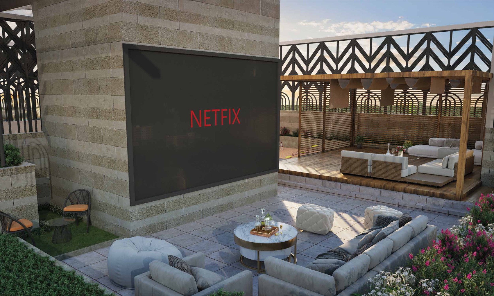 Open-air movie screen and lounge on the terrace