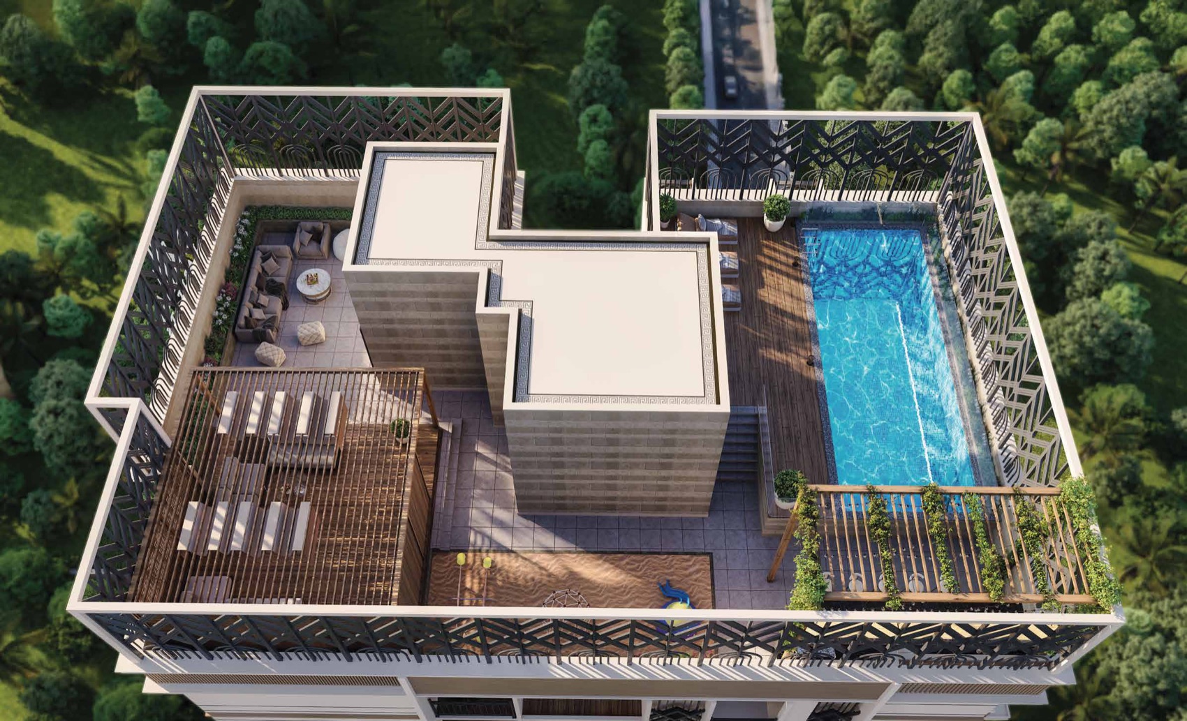 Rooftop terrace amenities, aerial view