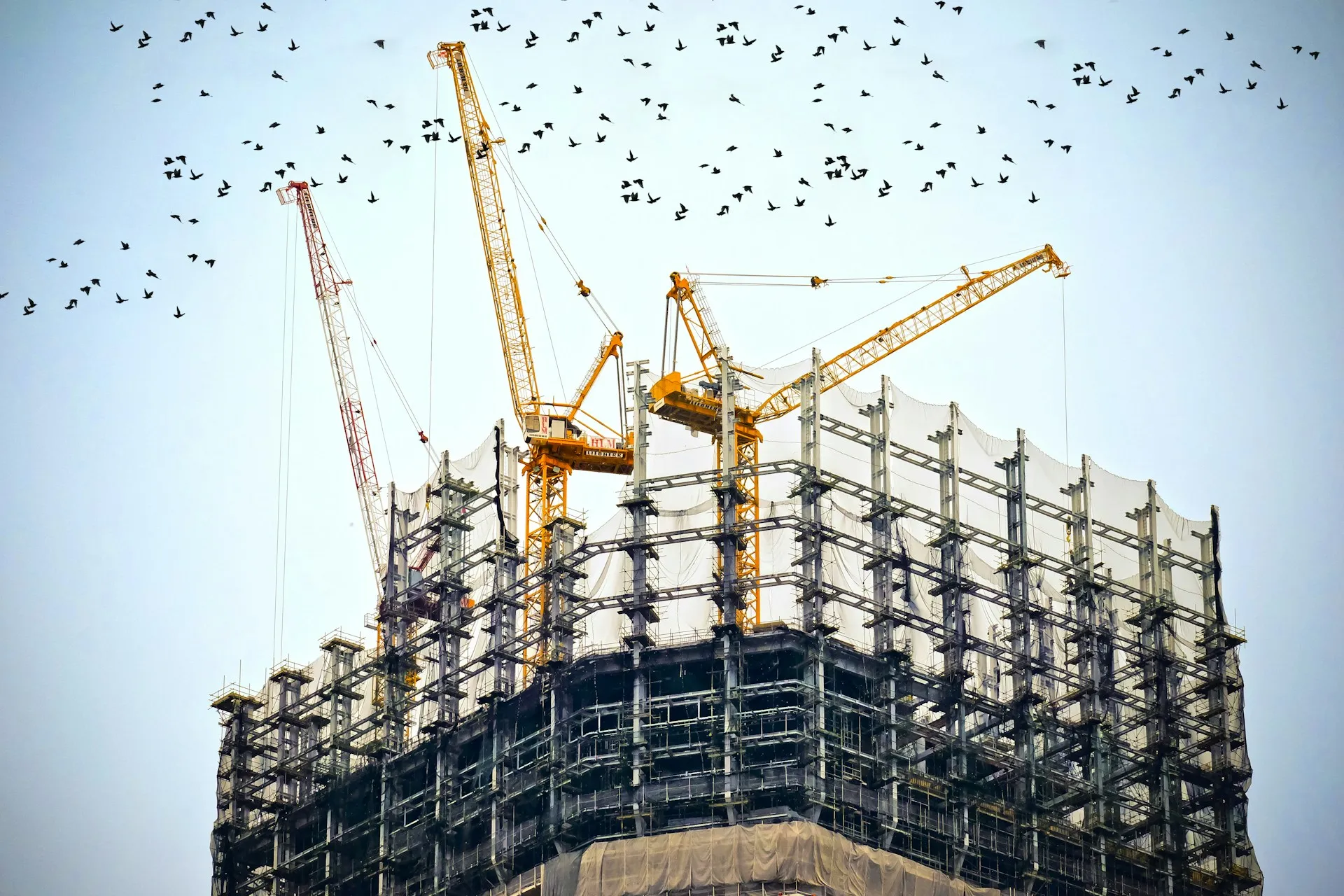 High-rise tower under construction with tower cranes on site