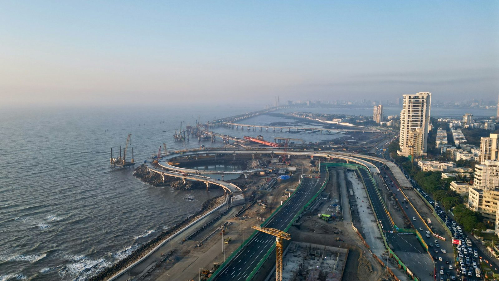 Aerial view of the Coastal Road at Worli Sea Face, with the Bandra-Worli Sea Link beyond
